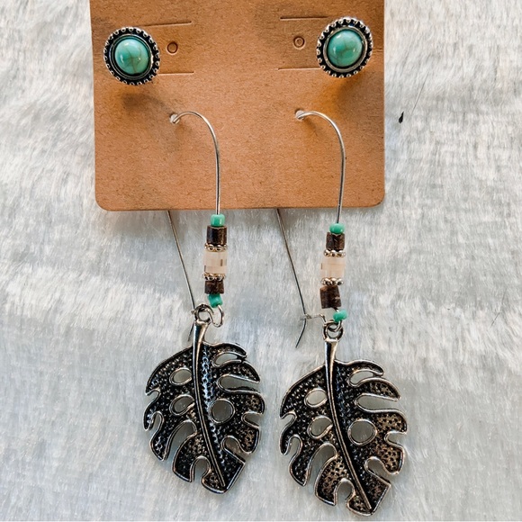 Boho Silver Tone Aqua Beaded Leaf Dangle Earrings and Turquoise Studs - Picture 15 of 16